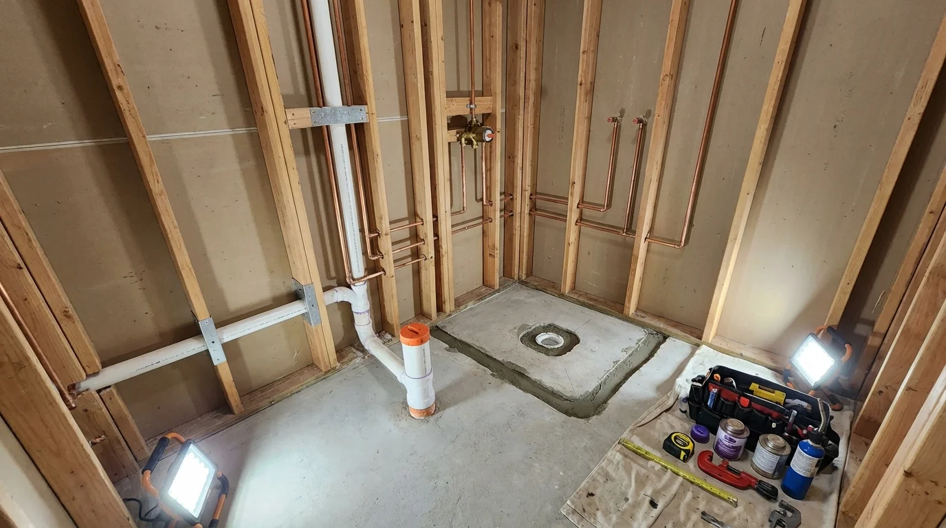 Bathroom rough-in plumbing during remodel by Johns Plumbing LLC in Olmito