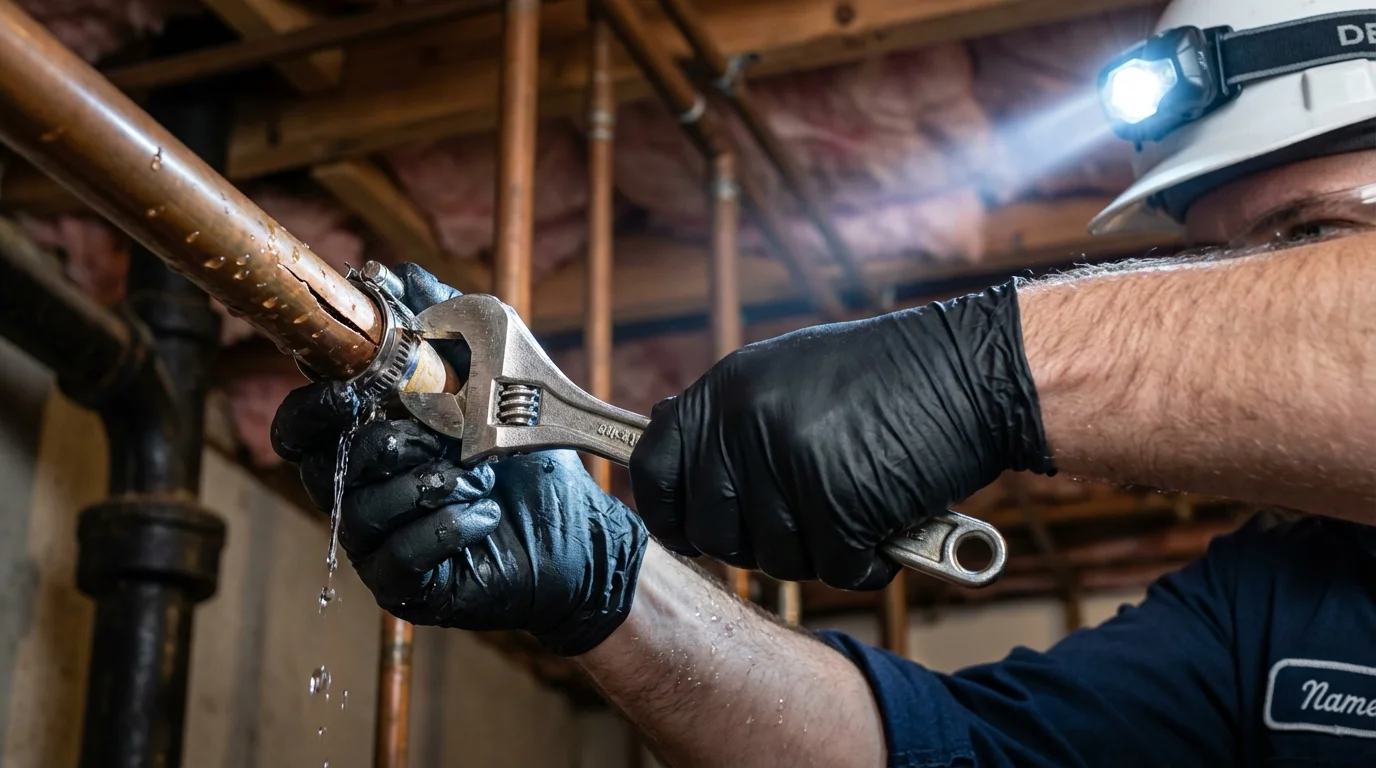 Emergency pipe clamp repair being performed by a Johns Plumbing LLC plumber in Olmito