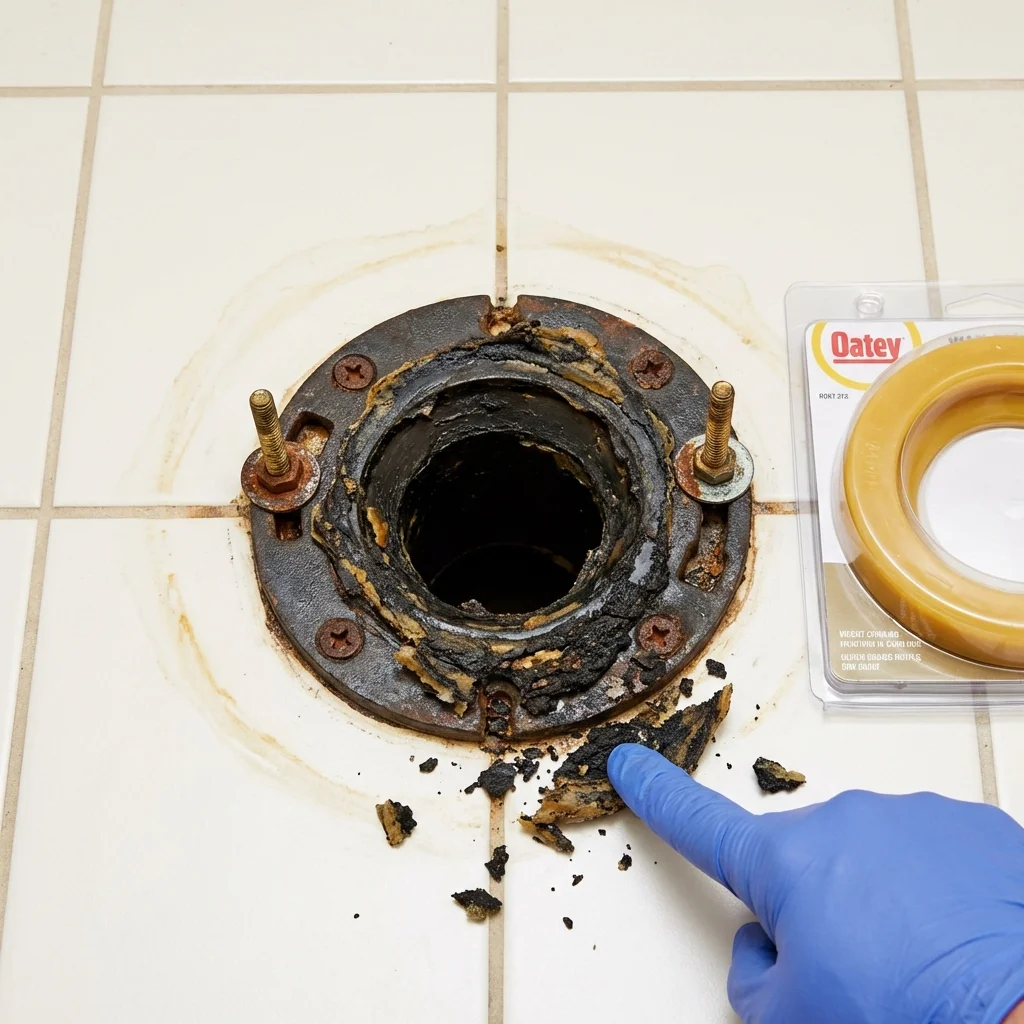 Failed wax ring showing water seepage at the base of a toilet in a Olmito, TX home