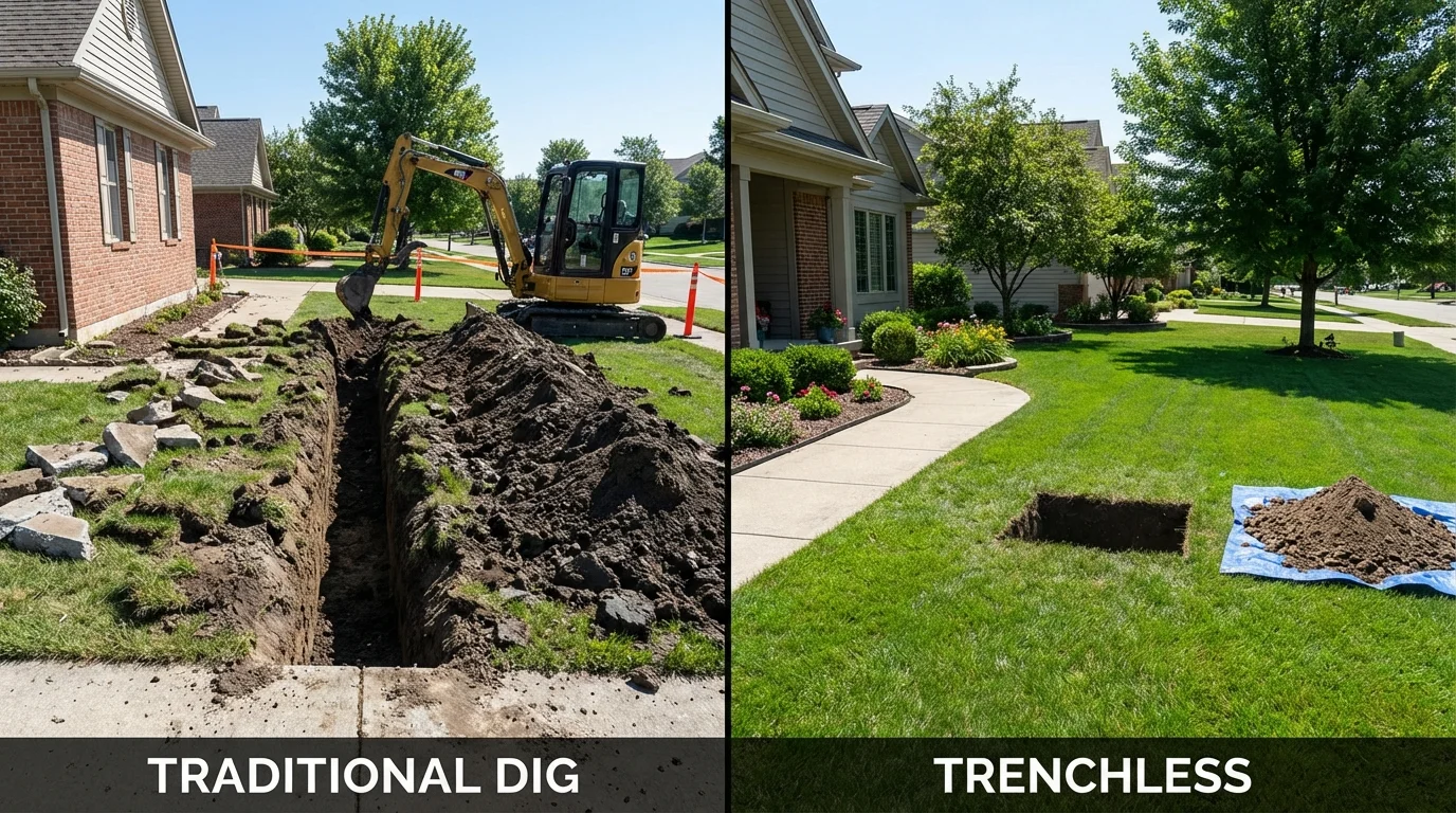 Trenchless sewer repair with minimal yard damage versus traditional excavation in Olmito, TX