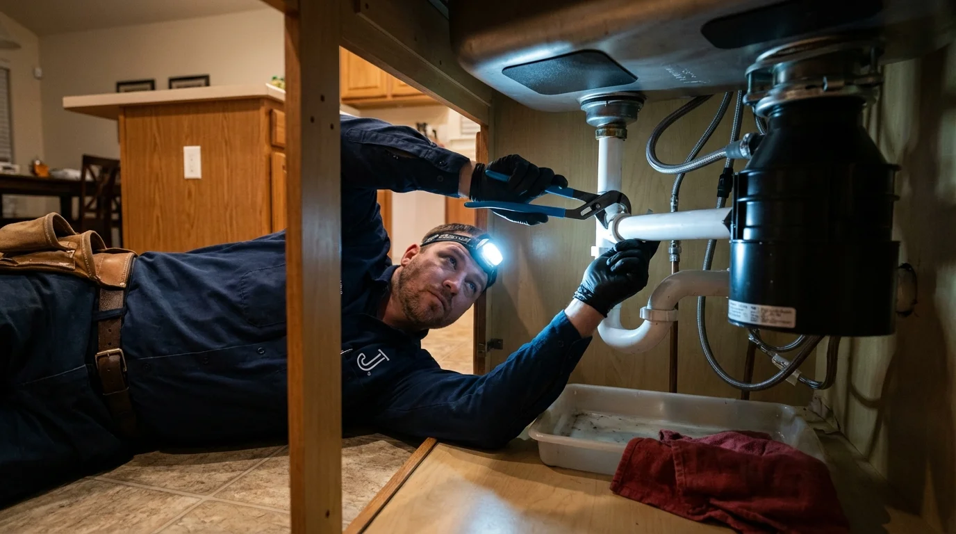 P-trap and supply line connections under a kitchen sink showing a common leak point in Olmito, TX